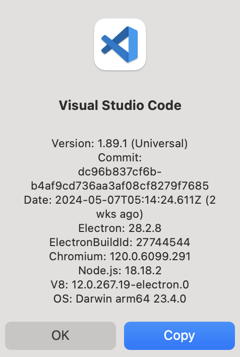VS Code version for MacOS